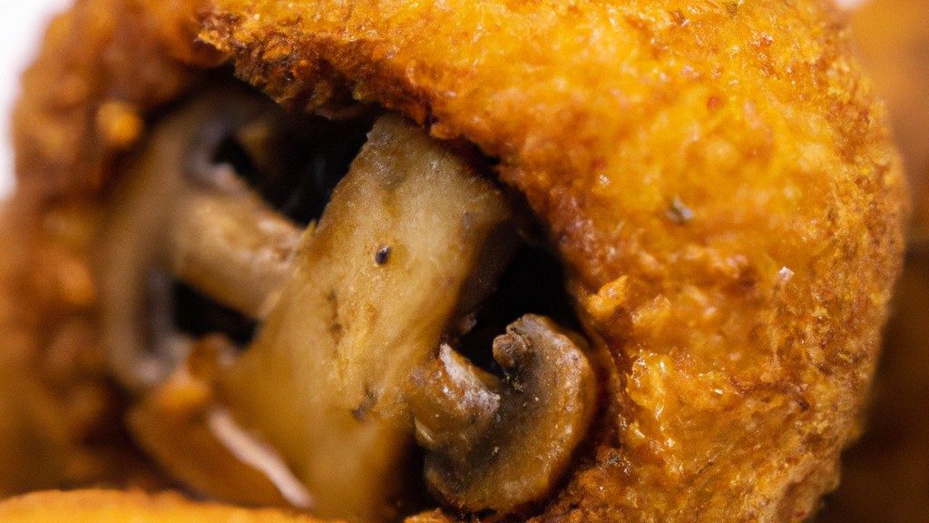 Uma fotografia de cogumelos brancos recheados com uma mistura cremosa e crocante, preparados em uma Airfryer. Os cogumelos são dourados e perfeitamente cozidos, com a mistura de recheio derretida e borbulhando por cima. A foto mostra o prato pronto para ser servido, com uma guarnição de salsa fresca e um toque de azeite.