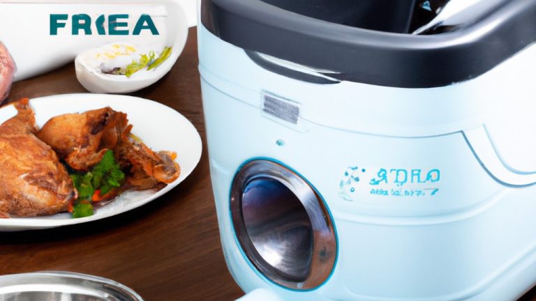 Imagem de uma AirFryer, um aparelho de cozinha usado para cozinhar alimentos com ar quente. A AirFryer é mostrada em uma bancada, com uma cesta de alimentos dentro. O texto na imagem diz "Como Cuidar Da AirFryer Limpeza, Primeiro Uso E Conservação!".