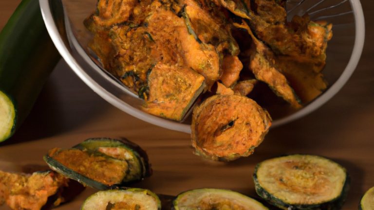 Imagem de chips de abobrinha crocantes e douradas feitas na Airfryer. As fatias de abobrinha são cortadas finamente e empanadas com uma mistura de farinha de rosca, parmesão e temperos. Os chips são cozidos na Airfryer até ficarem crocantes e dourados.
