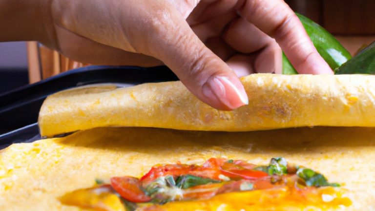 Imagem de um omelete fofo e dourado cozido na Airfryer, servido em um prato com guarnições de ervas frescas e fatias de tomate.