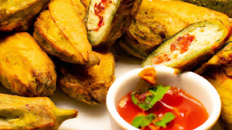 Imagem de quiabos crocantes cozidos em uma Airfryer. Os quiabos são dourados e crocantes, com um exterior crocante e um interior macio. Eles são servidos em uma tigela com um molho de acompanhamento.