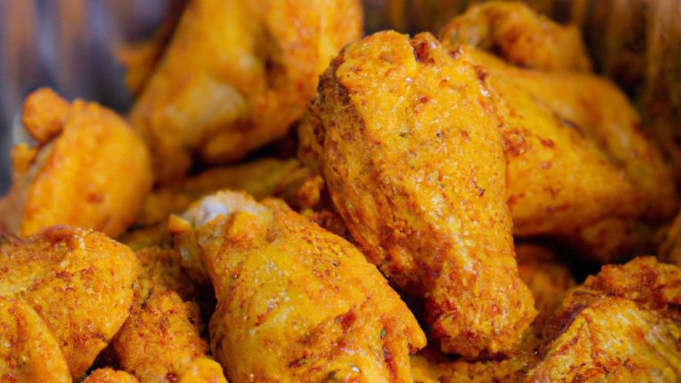 Imagem de uma sobrecoxa de frango crocante e suculenta cozida em uma Airfryer, coberta por um tempero dourado e servida em um prato com guarnições de batata frita e vegetais.