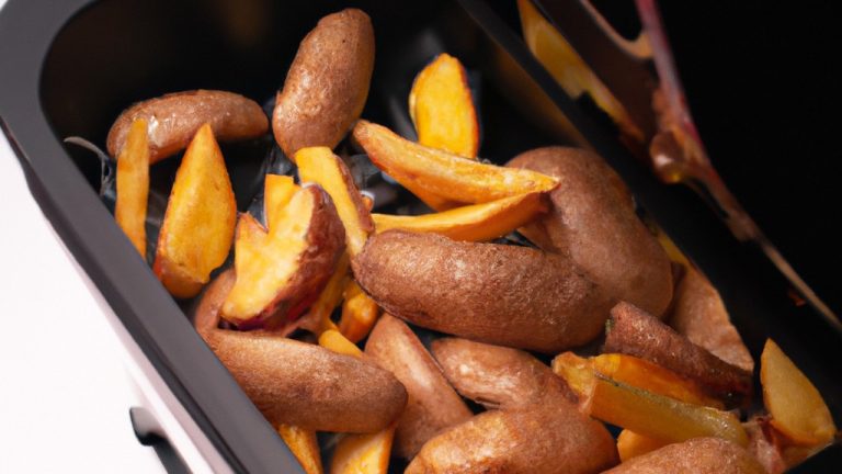 Imagem de um prato com contrafilé grelhado e batatas crocantes cozidos na Airfryer. O contrafilé está suculento e dourado, enquanto as batatas estão crocantes por fora e macias por dentro. Os alimentos são acompanhados de um molho de ervas e limão que realça o sabor do prato.