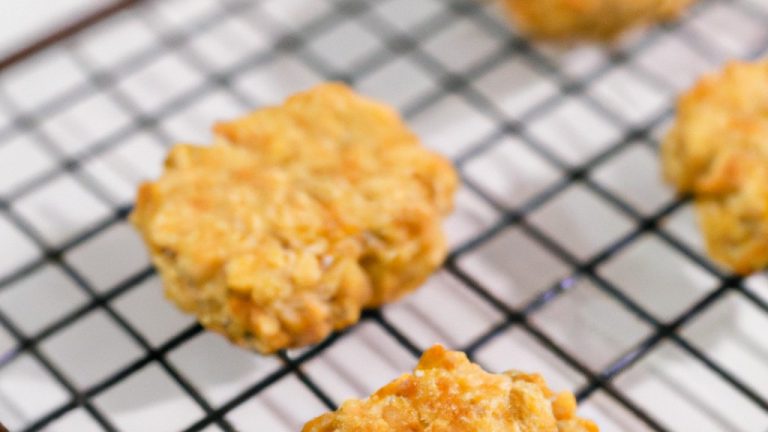 Imagem de cookies de banana e aveia dourados e crocantes dispostos em uma cesta de arame. Os cookies são feitos com uma mistura de aveia, purê de banana, farinha de trigo integral e especiarias, resultando em uma textura macia e mastigável com um sabor doce e frutado.