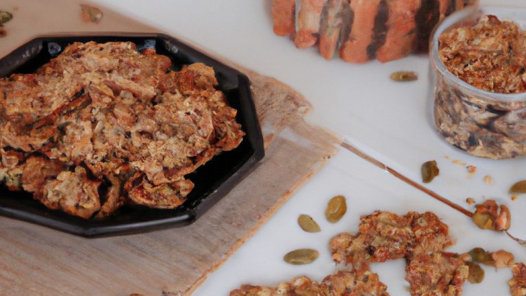 Imagem de cookies de granola caseiros e crocantes feitos na airfryer. Os cookies são dourados e têm aveia, nozes e sementes visíveis. Eles estão dispostos em uma assadeira forrada com papel manteiga.
