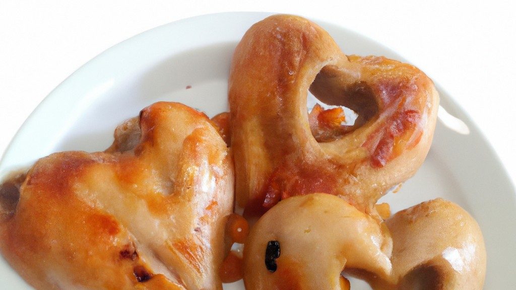 Imagem de uma porção de corações de galinha cozidos em uma airfryer. Os corações estão dourados e crocantes, com um leve tom vermelho no centro. Eles são servidos em um prato branco, com uma tigela de molho ao lado.