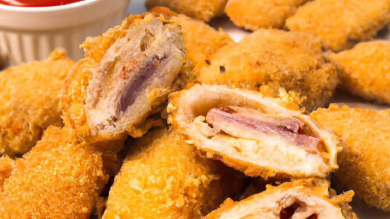 Imagem de um Cordon Bleu empanado e frito, mostrando o frango empanado, queijo derretido e presunto.