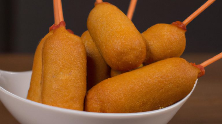 Imagem de um corn dog dourado e crocante dentro de uma airfryer. O corn dog está em um espeto de madeira e tem uma massa espessa e crocante. A airfryer é preta e tem uma cesta de arame.