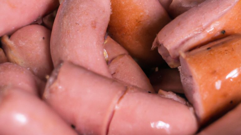 Uma foto de cima de uma cesta de Airfryer cheia de salsichas assadas. As salsichas estão douradas e crocantes, com algumas sementes de papoula polvilhadas por cima. Ao fundo, há uma tábua de cortar de madeira com uma faca e uma tigela de mostarda.