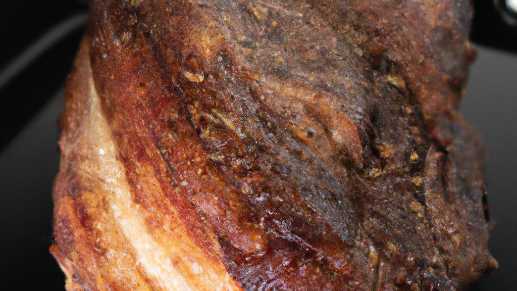 Imagem de uma costela bovina assada no bafo na Airfryer. A costela é suculenta e macia, com uma crosta crocante e dourada. É guarnecida com ervas frescas e fatias de limão.