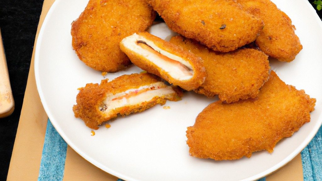 Imagem de uma couve-flor inteira empanada com farinha de rosca dourada servida em um prato com um molho de tomate ao lado.