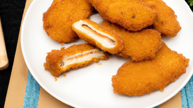 Imagem de uma couve-flor inteira empanada com farinha de rosca dourada servida em um prato com um molho de tomate ao lado.