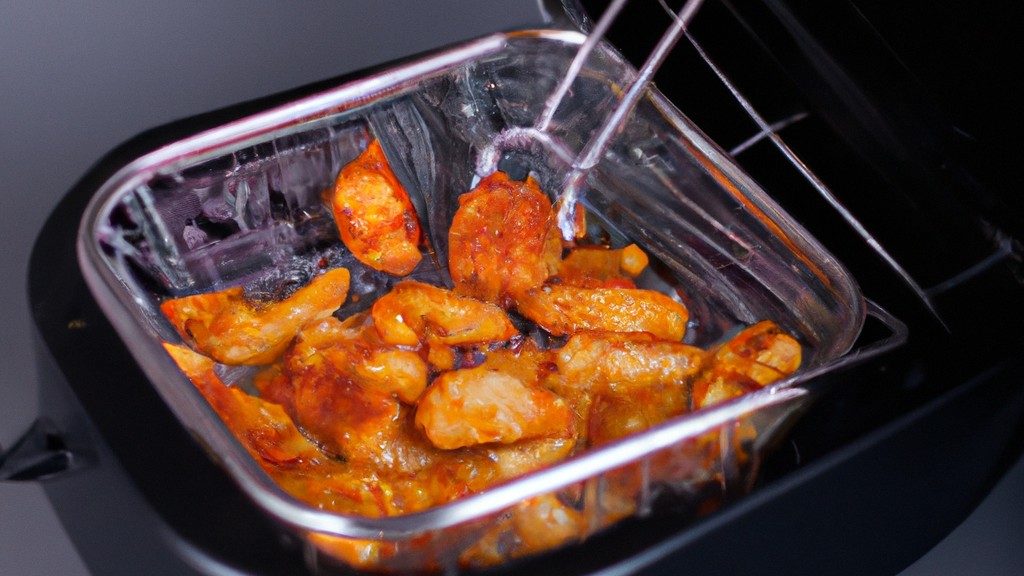 Imagem de um cupim crocante e dourado cozido em uma airfryer. Os cupins estão empilhados em um prato, crocantes por fora e suculentos por dentro. A airfryer está ao fundo, com a luz acesa.