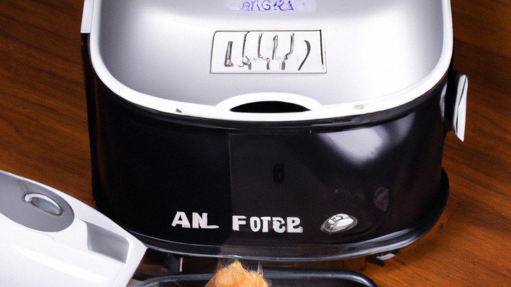 Imagem mostra uma Airfryer em um balcão de cozinha. A gaveta da Airfryer está aberta, revelando um interior sujo com resíduos de alimentos e óleo.