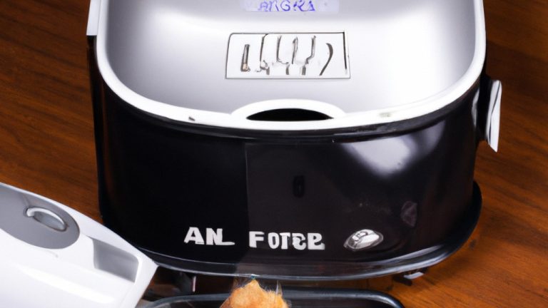 Imagem mostra uma Airfryer em um balcão de cozinha. A gaveta da Airfryer está aberta, revelando um interior sujo com resíduos de alimentos e óleo.