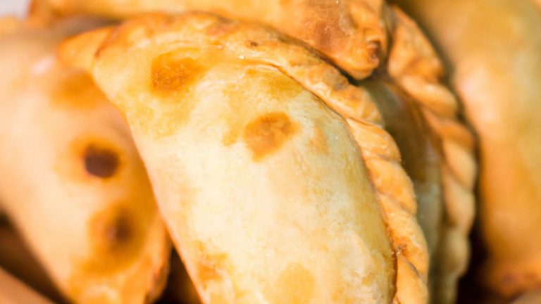 Imagem de empanadas argentinas crocantes e douradas cozidas em uma airfryer. As empanadas são recheadas com carne moída, cebola, pimentão, azeitonas e passas, e cobertas com uma crosta escamosa. Elas são servidas em um prato branco com um molho de chimichurri ao lado.