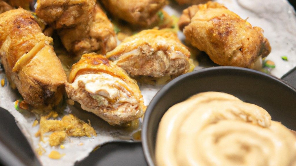Imagem de enroladinhos de frango com requeijão preparados na Airfryer. Os enroladinhos são dourados e crocantes, recheados com um cremoso requeijão. Eles são servidos em um prato com uma tigela de molho ao lado.