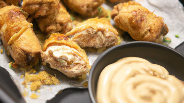 Imagem de enroladinhos de frango com requeijão preparados na Airfryer. Os enroladinhos são dourados e crocantes, recheados com um cremoso requeijão. Eles são servidos em um prato com uma tigela de molho ao lado.