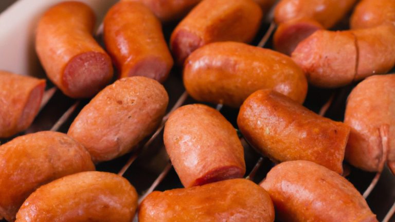 Imagem de Enroladinhos De Salsicha Na Airfryer: vários enroladinhos dourados e crocantes, recheados com salsicha moída e cobertos com mostarda e cebola roxa, dispostos em uma cesta de airfryer.