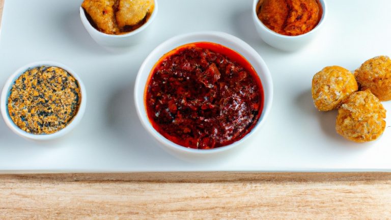 Imagem de uma variedade de molhos de acompanhamento em tigelas pequenas, incluindo ketchup, mostarda, maionese, rancho e molho barbecue, dispostos em uma superfície de madeira.