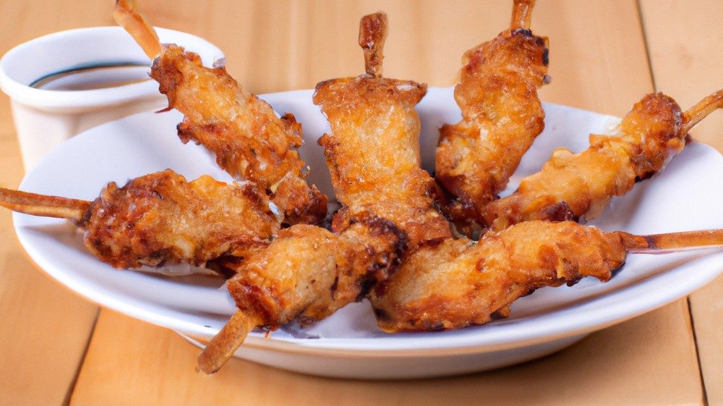 Imagem de espetinhos de frango empanados crocantes e dourados cozidos em uma airfryer. Os espetinhos são apresentados em uma cesta de metal, rodeados por migalhas de pão crocantes.