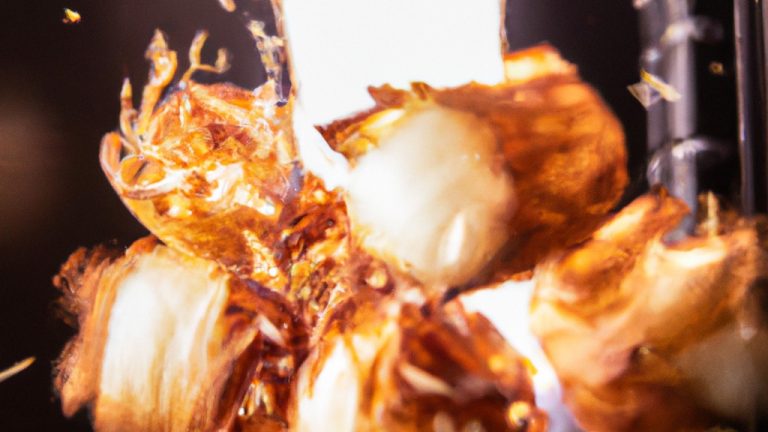 Uma foto de uma cebola frita em formato de flor, com pétalas douradas e crocantes que se espalham para fora.