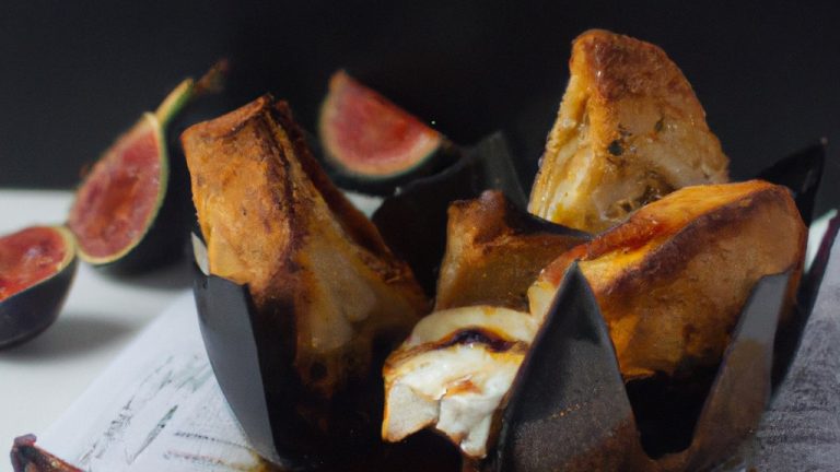 Imagem de figos frescos cortados ao meio, cobertos com queijo brie e mel, assados em uma Airfryer. Os figos estão dourados e caramelizados, enquanto o queijo brie está derretido e borbulhante. O mel goteja pelos figos, criando uma cobertura doce e pegajosa.
