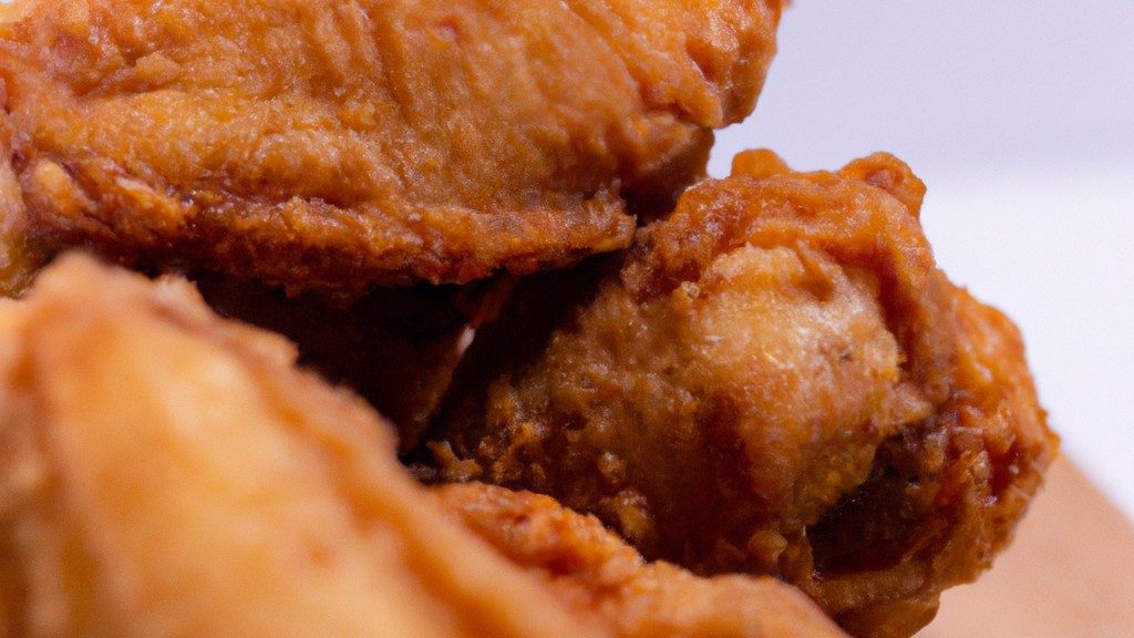 Imagem de filés de frango dourados e crocantes cozidos em uma air fryer. Os filés são servidos em um prato com um lado de legumes grelhados. O fundo é uma superfície de madeira escura.