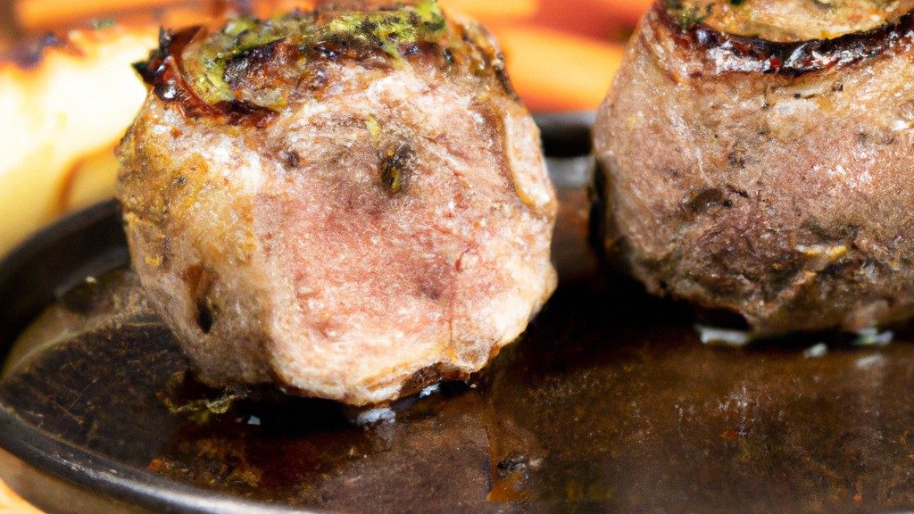 Imagem de um suculento filé mignon grelhado na Airfryer, coberto com um rico molho madeira, servido em um prato branco com aspargos e cenouras assados.