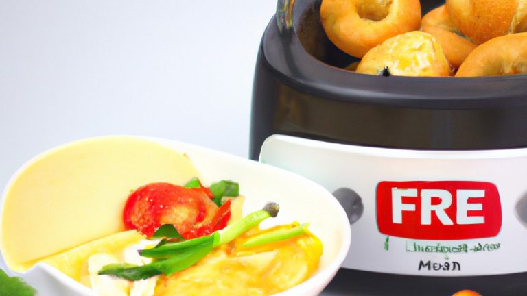 Imagem mostrando uma tigela de fondue de brie derretido e borbulhante em uma Air Fryer. A tigela está cercada por fatias de pão, frutas e vegetais para mergulhar.