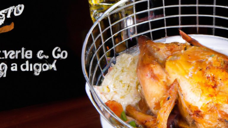 Imagem de uma airfryer com um frango assado dentro. O frango é marrom dourado e tem uma aparência crocante.