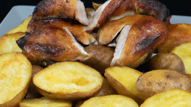 Uma foto de um frango assado inteiro e batatas cozidas em uma Airfryer. O frango tem a pele dourada e crocante, e as batatas estão macias e douradas. A Airfryer é um aparelho de cozinha que usa ar quente para cozinhar alimentos, resultando em alimentos crocantes e dourados com menos óleo do que os métodos tradicionais de fritura.