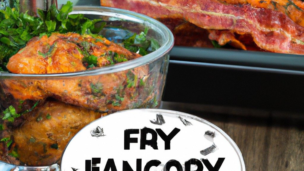 Imagem de um prato com frango assado com bacon e ervas em uma Airfryer. O frango está dourado e crocante, com bacon crocante e ervas aromáticas. O prato está rodeado por batatas fritas douradas e uma salada verde fresca.