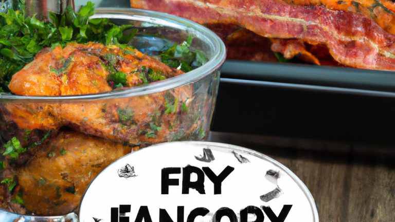Imagem de um prato com frango assado com bacon e ervas em uma Airfryer. O frango está dourado e crocante, com bacon crocante e ervas aromáticas. O prato está rodeado por batatas fritas douradas e uma salada verde fresca.