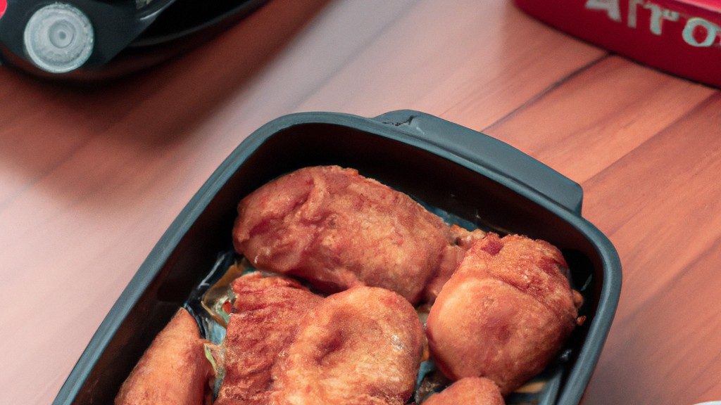 Imagem de pedaços de frango cobertos com molho teriyaki, dispostos em uma cesta de fritadeira de ar. Os pedaços de frango são dourados e crocantes, e o molho está caramelizado e brilhante.