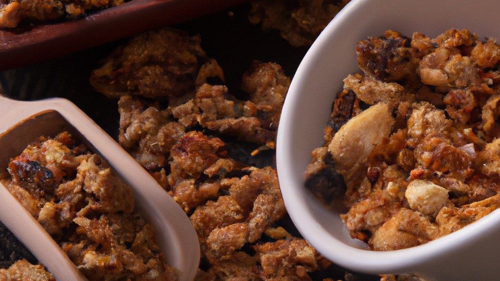 Uma imagem de granola salgada recém-assada em uma airfryer. A granola é marrom-dourada e crocante, com aveia, nozes e sementes visíveis. O fundo é uma cesta de airfryer de metal.
