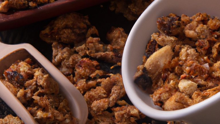 Uma imagem de granola salgada recém-assada em uma airfryer. A granola é marrom-dourada e crocante, com aveia, nozes e sementes visíveis. O fundo é uma cesta de airfryer de metal.