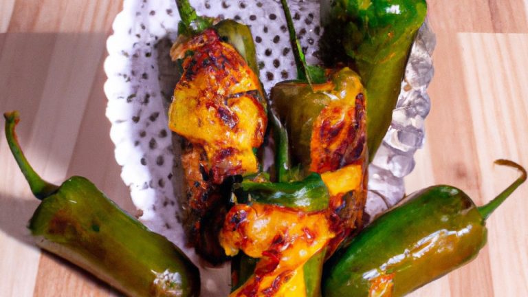 Imagem de jalapeños verdes inteiros recheados com uma mistura de queijo, enrolados em bacon e cozidos em uma fritadeira. Os jalapeños são servidos em uma travessa com um molho de lado.