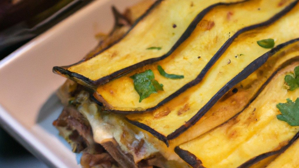 Imagem de uma lasanha de berinjela ou abobrinha feita na Airfryer. A lasanha tem várias camadas de berinjela ou abobrinha fatiadas, molho à bolonhesa, queijo e molho branco. A lasanha é assada até dourar e borbulhar.