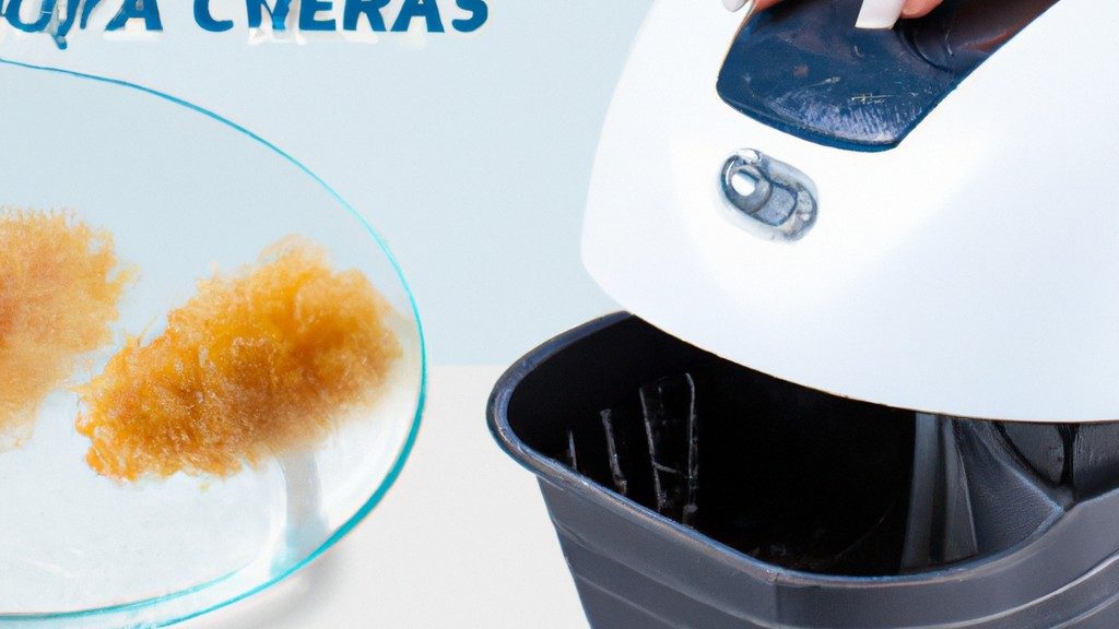 Imagem mostrando um passo a passo de como limpar uma Air Fryer, com instruções sobre como remover os resíduos de óleo e alimentos.