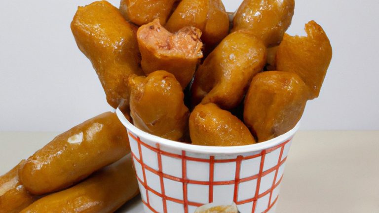 Imagem de linguiças enrolada e assada em uma Airfryer. As linguiças são douradas e crocantes, e estão dispostas em uma espiral no cesto da Airfryer.