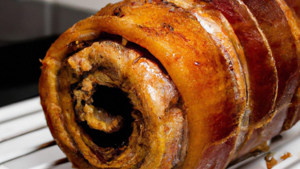 Imagem de um lombo recheado cozido em uma Airfryer. O lombo é dourado e crocante por fora, e o recheio é visível através de uma fenda no topo. O recheio é uma mistura de vegetais, ervas e especiarias.