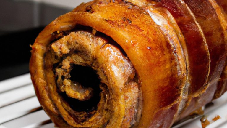 Imagem de um lombo recheado cozido em uma Airfryer. O lombo é dourado e crocante por fora, e o recheio é visível através de uma fenda no topo. O recheio é uma mistura de vegetais, ervas e especiarias.