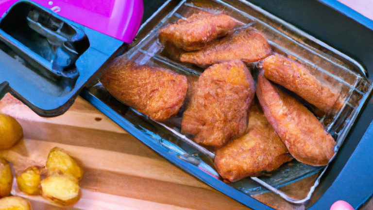 Imagem de três pratos diferentes cozidos em uma Airfryer, incluindo batatas fritas douradas, frango frito crocante e um bolo de chocolate com cobertura derretida.