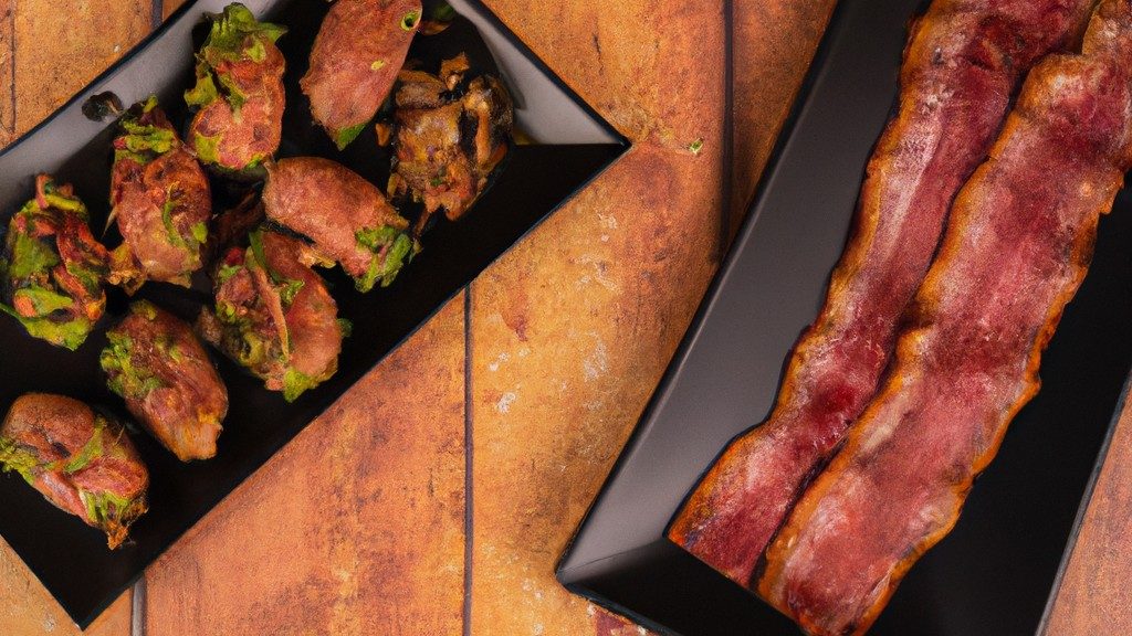Duas medalhas de carne suculentas, uma coberta com bacon crocante e a outra com abobrinhas douradas, grelhadas à perfeição em uma Airfryer. O bacon fica salgado e adiciona um toque crocante, enquanto a abobrinha oferece uma doçura leve e um toque refrescante. As medalhas são grelhadas até ficarem cozidas, mantendo sua suculência e maciez.