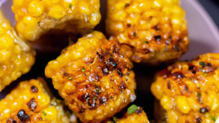 Uma fotografia de milho verde assado na airfryer. O milho é colocado em um prato branco e tem um tom dourado. As espigas de milho são polvilhadas com sal e pimenta e têm um aspecto crocante e delicioso.