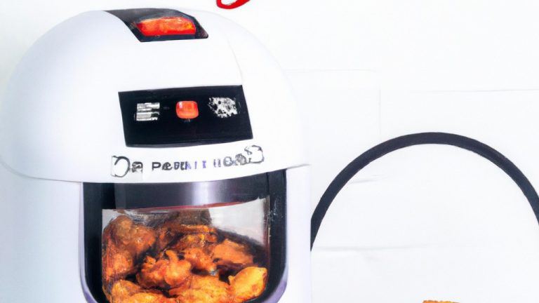 Imagem de uma airfryer com um mini sonho dentro dela. O sonho é pequeno e redondo, com uma crosta dourada e um interior macio e fofo. A airfryer é preta e retangular, com uma cesta de metal dentro.