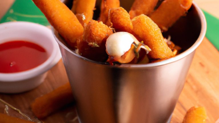 Palitos de mussarela fritos em uma airfryer, crocantes e dourados, servidos com molho de tomate para mergulhar.