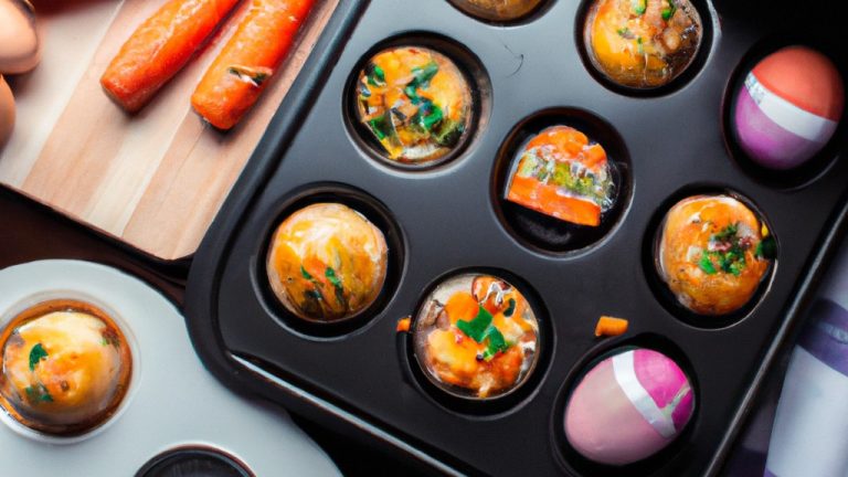 Foto de uma cesta de airfryer cheia de muffins de ovo cozidos com vegetais. Os muffins são feitos com ovos, queijo e vegetais como brócolis, espinafre e cenoura. Eles são dourados e crocantes por fora e macios e fofos por dentro.