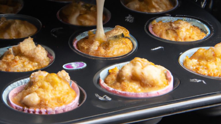 Foto de muffins de sardinha recém-assados em uma cesta de metal da Airfryer. Os muffins são dourados e crocantes, com uma cobertura de queijo derretido. No fundo, há uma tábua de cortar com um pote de farinha, uma lata de sardinhas e um raminho de endro.